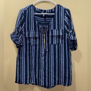 Ellen Tracy Striped Rolled Sleeve Fashion Top Women’s Medium Gold Zipper